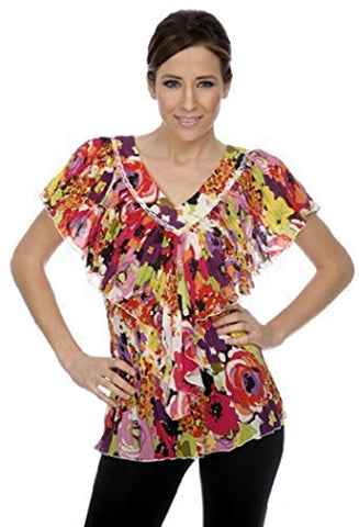 Cathaya Blouse, Pleated Geometric Floral Print with a Wide V-Neck Ruffled