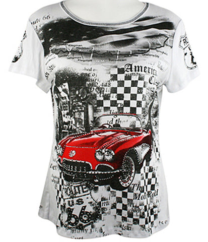 Big Bang Clothing Company - Route 66 Red Car, Scoop Neck Rhinestone Print Top