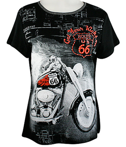 Big Bang Clothing Company Route 66 Motorcycle, Scoop Neck Rhinestone Print Top