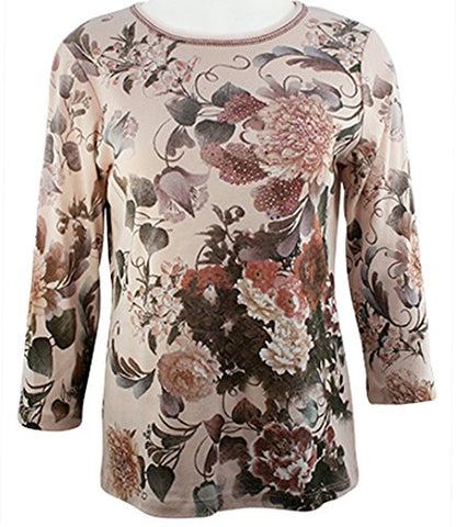 Cactus Fashion - Spring Oriental, 3/4 Sleeve Scoop Neck Rhinestone Accented Top