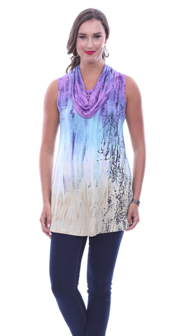 Parsley & Sage Violet, Sleeveless Cowl Neck Fancy Tunic In an Abstract Pattern