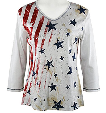 Jess & Jane - Stars & Stripes, 3/4 Sleeve V-Neck Rhinestone Accent Cotton Print Top