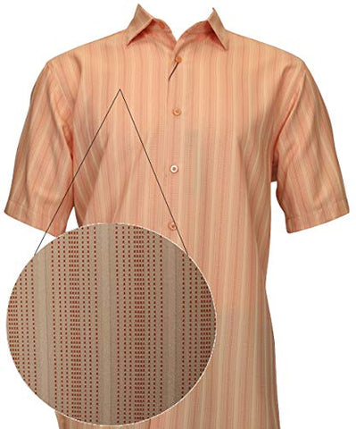 Bassiri - Button Front, Short Sleeve, Square Hem, Peach Striped, Casual Men's Shirt