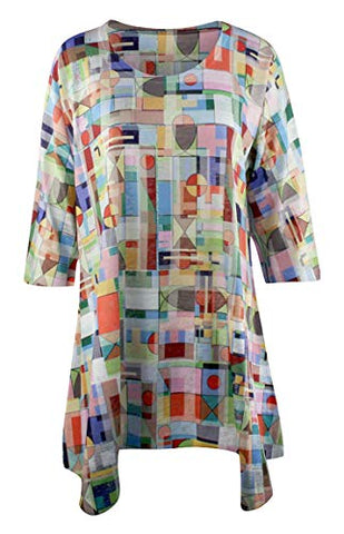 Et'Lois - Colored Shapes, 3/4 Sleeve Scoop Neck Contemporary Colorful Fashion Tunic