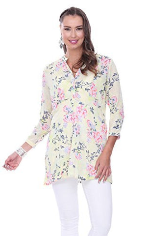Parsley & Sage - Sunny, 3/4 Sleeve Henley Tunic Top on a Floral Patterned Body