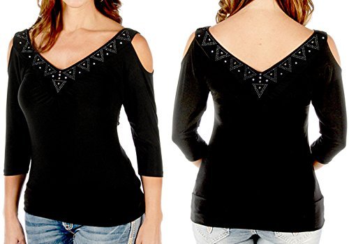 Liberty Wear Aztec Sasha, 3/4 Sleeve V-Neck Rhinestone Accent Black Fashion Top