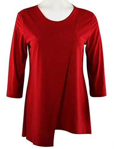 Caribe - Angled Passion, 3/4 Sleeve, Scoop Neck, Split Overlap Red Tunic Top