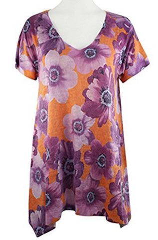 Nally & Millie - Lavender Flower, V-Neck Short Sleeve Floral Theme Tunic Top