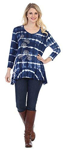 Jess & Jane - Gone with The Wind, Tie Dyed, Ruffle Bottom 3/4 Sleeve Blue Tunic Top