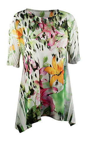 Sea & Anchor - Fierce Flower, 1/2 Sleeve Asymmetric Hem Colorful Fashion Tunic Top