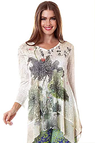 Katina Marie - Mystic Garden, V-Neck Asian Theme Sharkbite Mesh Hem Burnout Tunic