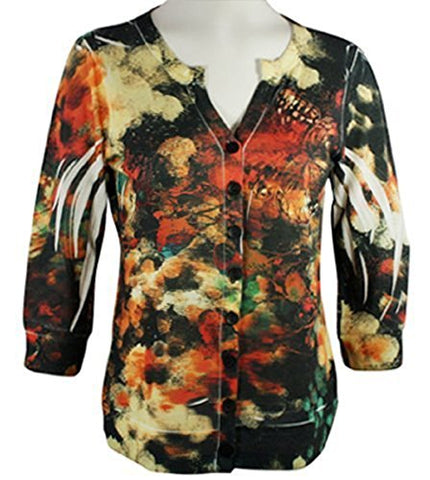 Cubism - Floral Tones, 3/4 Sleeve, Split Neck, Multi-Colored Woman's Cardigan