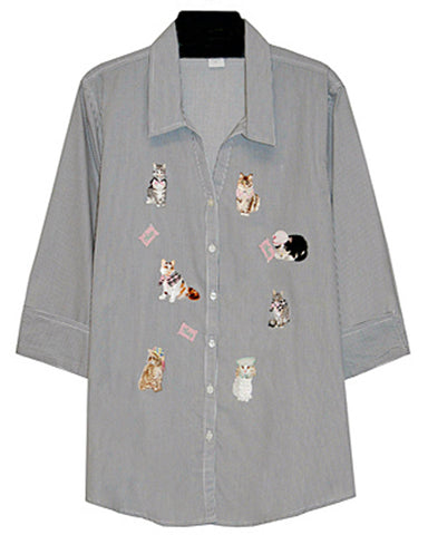 Tia Designs - Dress Up Cats, French Cuffs, Rhinestones, Black, Cotton Shirt