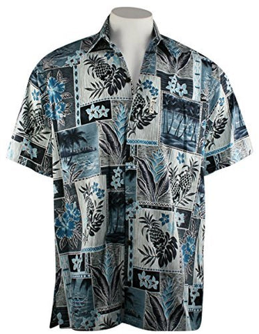 Go Barefoot Pineapple Blocks Banded Collar Classic Hawaiian Shirt Side Vents & Coconut Button