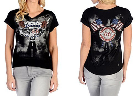 Liberty Wear Flying Route 66, V-Neck, Short Sleeves, Rt. 66 Themed Black Top