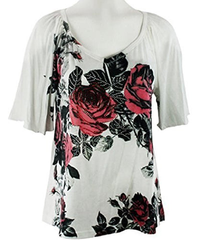 California Bloom - Twin Roses, White Top with V-Neck accented with Floral Design
