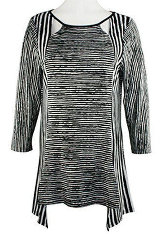 Pretty Woman - Black & White Stripes, 3/4 Sleeve Cut Scoop Neck, Tunic Top