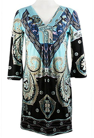 Adore Fashion Sovereign Chic, 3/4 Sleeve Tunic Mini Dress Trimmed V-Neck Collar