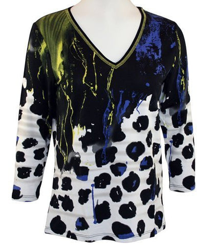 Lynn Ritchie - Scattered Spots, Geometric Print, 3/4 Sleeve, V-Neck Fashion Top