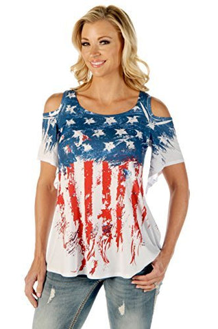 Liberty Wear Old Glory, Cold Shoulder, Short Sleeve, Patriotic Themed Top