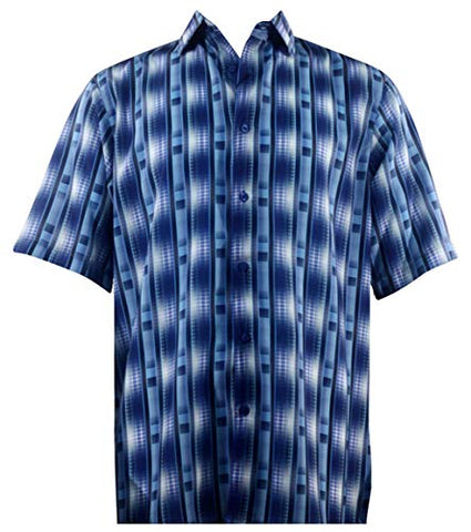 Bassiri - Blue Lines, Button Front Short Sleeve Square Hem Casual Blue Men's Shirt