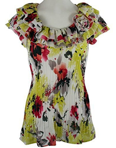Cathaya Cap Sleeve, Pleated Floral Print, Scoop Neck Layered Ruffle Collar