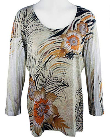 Impulse California Mystic Brown, 3/4 Sleeve, Scoop Neck Top with Burnout Accents