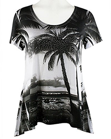 Big Bang Clothing Company Black & White Palms, Cap Sleeve Scoop Neck Casual Top