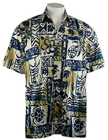 Go Barefoot Outrigger Pareau Banded Collar Classic Hawaiian Shirt Side Vents & Coconut Button