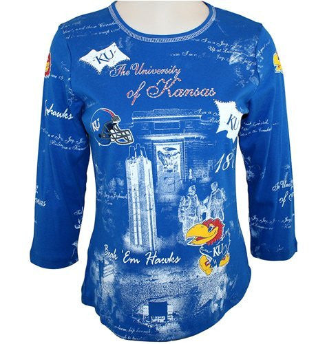 P-Michael - U of Kansas Collegiate Top, Scoop Neck, Printed in School Colors, Name in Rhinestones