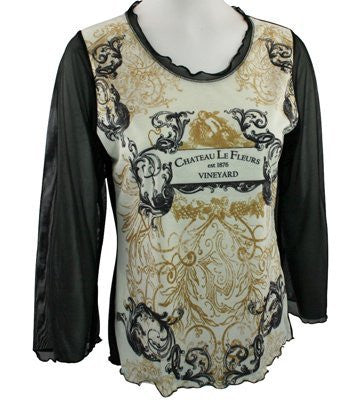 Vine Street Black & Tan Printed Fashion Top with 3/4 Sheer Sleeves - Damask