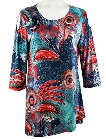 Caribe - Geometric Feather Print, Cool Shoulders, 3/4 Sleeve Scoop Neck Z Tunic