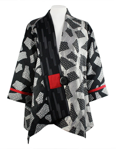 Moonlight - Silver Black Rectangles Asian Style Jacket with Red Stripe Accents