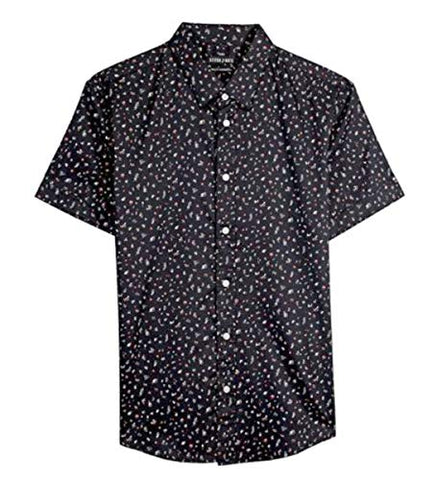Stitch Note Floral Pattern Print Short Sleeve Button Down Casual Black Shirt