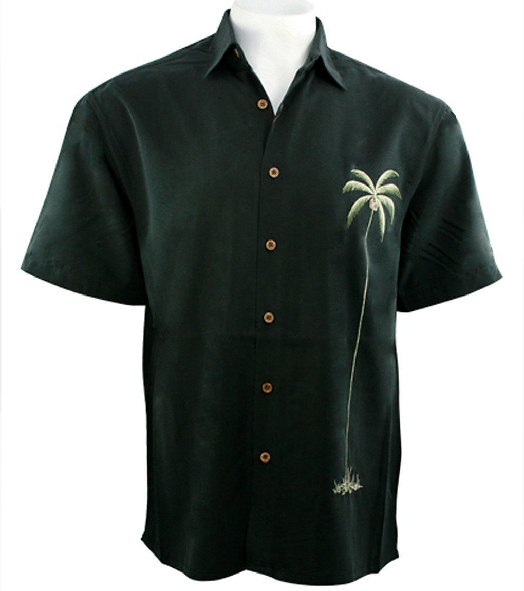 Bamboo Cay - Palm Island, Tropical Style Embroidered Button Front Black Shirt
