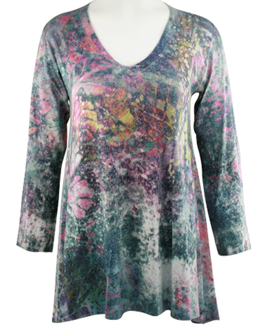 Nally & Millie - Morning Flower, Hi-Low Hem, V-Neck Lightweight Print Tunic