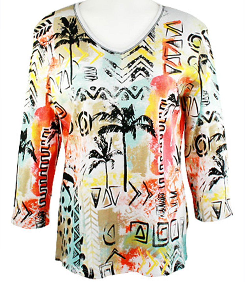 Jess & Jane - Tropical Palms White Top 3/4 Sleeve V-Neck with Rhinestone Accents