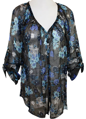 Karen Kane - Floral Print, Tabbed Sleeve, V-Neck Shirred Shirt