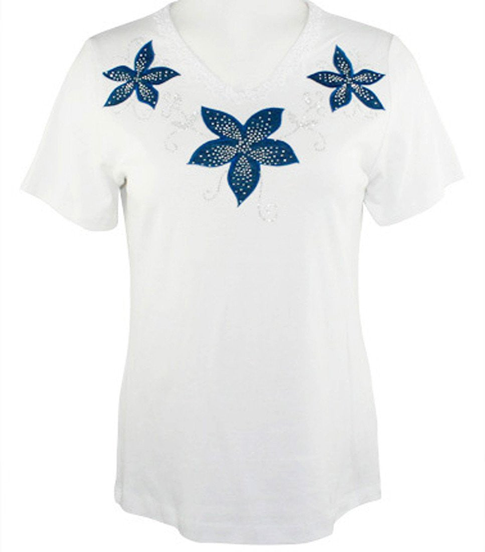Cactus Fashion - Three Flowers, Short Sleeve, Lace Trim Rhinestone Cotton Top