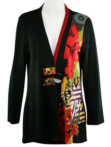 Moonlight - Three Flowers, Floral Print Long Sleeve V-Neck Asian Style Jacket