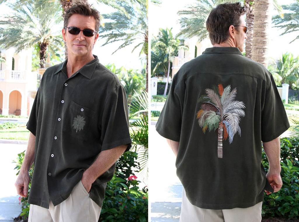 coconut row palm beach clothing Luau Tropicana Sacred Palm Vented Square Hem Coconut Buttons Rear Pleats