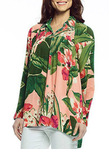 Margaritaville Manoa Floral, Elastic Cuff Sleeve V-Neck Button Front Blouse