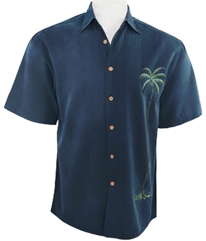 Bamboo Cay - Solo Palm, Men's Tropical Style Embroidered Button Front Navy Shirt