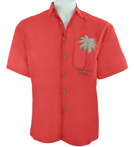 Bamboo Cay - Peekaboo Palm, Embroidered Tropical Style Tomato Color Men's Shirt