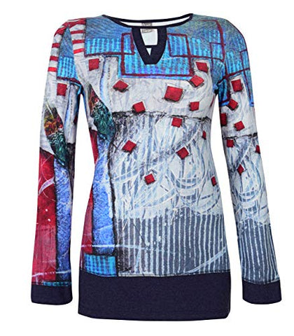 Dolcezza Red Squares, Long Sleeve Split V-Neck Artist Designed Colorful Pullover Knit