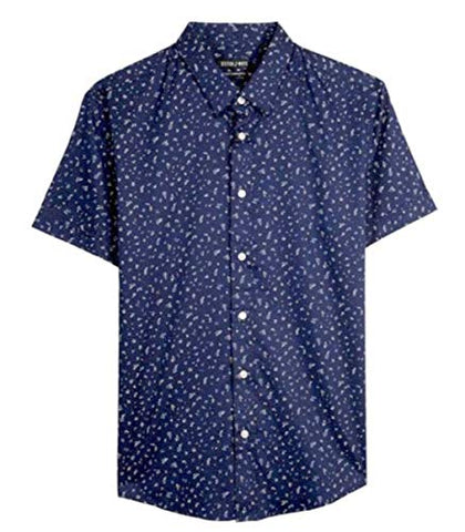 Stitch Note Floral Pattern Print Short Sleeve Button Down Blue Casual Shirt