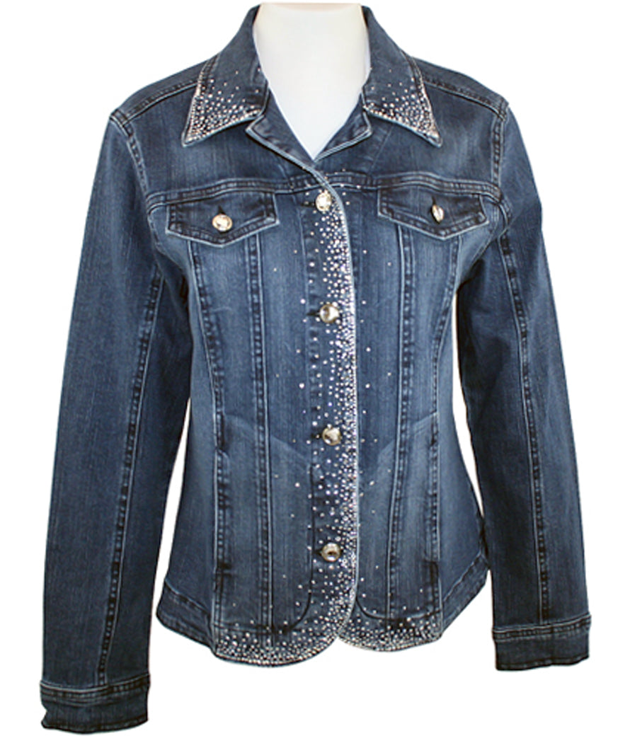 Katina Marie Long Sleeve Rhinestone Front Collar Button Front Dark Denim Jacket