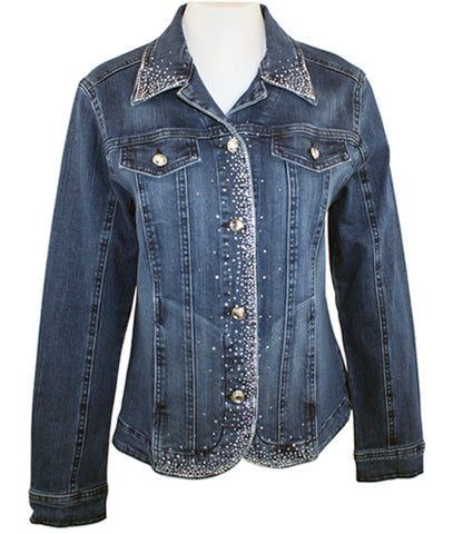 Katina Marie Long Sleeve Rhinestone Front Collar Button Front Dark Denim Jacket