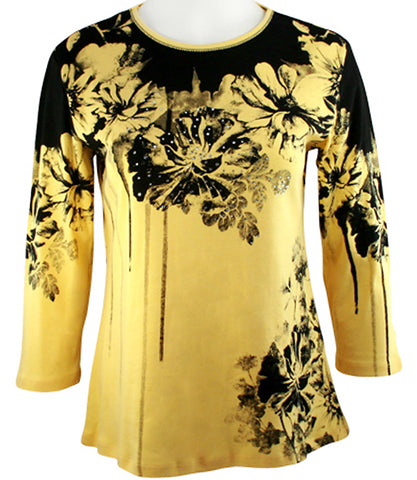 Jess & Jane - Yellow Bouquet, Knit Top 3/4 Sleeve Scoop Neck Rhinestone Accents