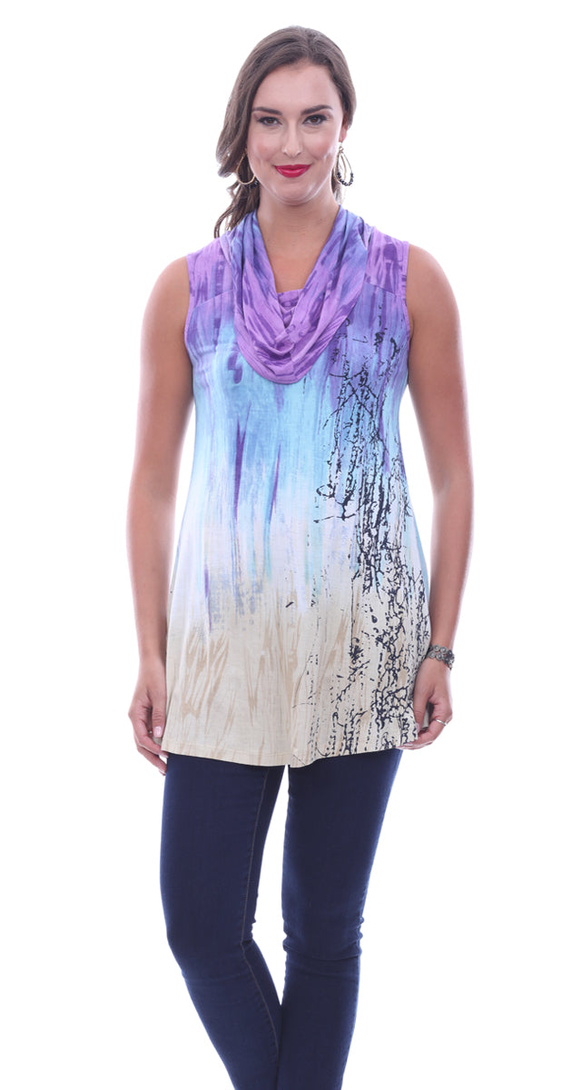Parsley & Sage Violet, Sleeveless Cowl Neck Fancy Tunic In an Abstract Pattern